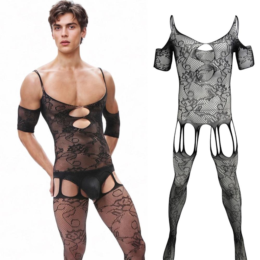 Men Sexy Lingerie Exotic Fishnet Bodystocking Jumpsuit Mesh Net See-through Long Sleeve Bodysuit Gay Sleepwear Club Wear