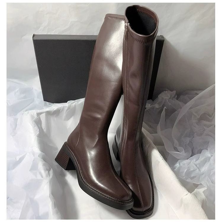 Square Head Side Zipper Slim Tall Boots 2025 Autumn and Winter New Retro Style Thick Heel But Knee Martin Boots Women