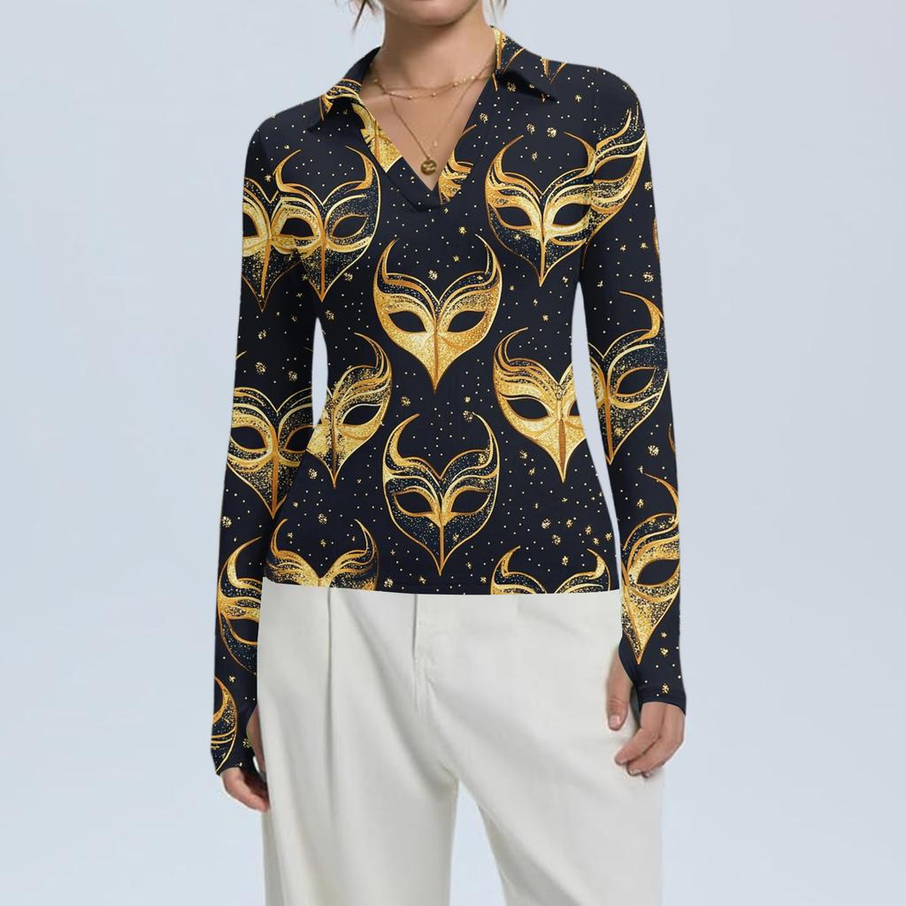 Women's Fashion Casual Print V-Neck Long Sleeve Button-Down Top