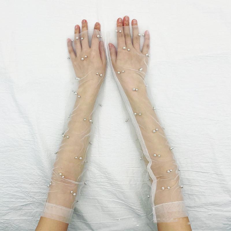 Mănușă extra lungă din dantelă șifon perlat din tul de vară plasă anti-uv petrecere nuntă căsătorie fără degete mireasă femei mănușă de petrecere vintage