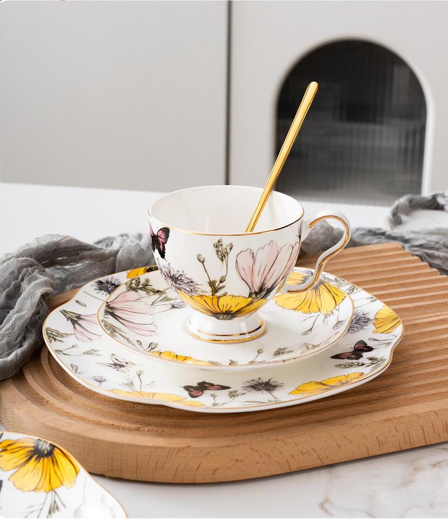 Exquisite Bone China Coffee Cup & Saucer - Hand-Painted Blooming Iris, Ideal Birthday Gift