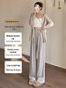 Petite Oatmeal Wide-Leg Pants for Women - High Waist, Drapey, Loose Fit, Floor-Length for Spring and Autumn.