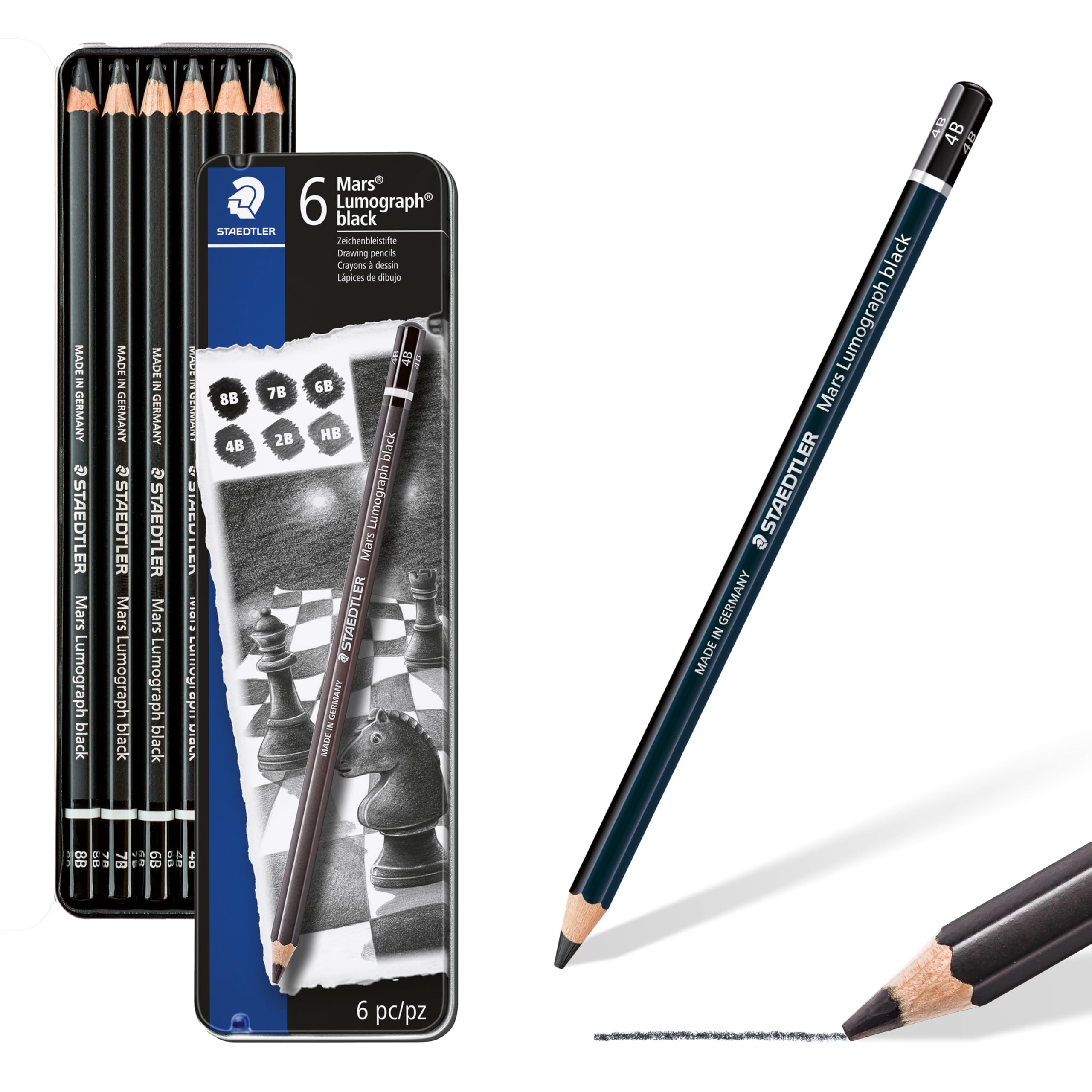 

STAEDTLER Mars Lumograph Black Pencils, 8B, 7B, 6B, 4B, 2B, HB, and 100B G6 Carbon Leads, 6 Hardness Set for Drawing and Sketching