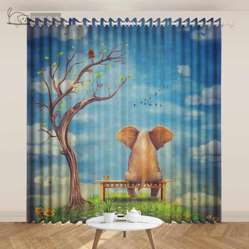 2PCS Exotic India Southeast Asia Style Oil Painting Curtain Auspicious Elephant Curtain Art Living Room Bedroom Custom Cortinas