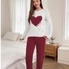 Heart Print Women Pajama Set, Round Neck Short Sleeve Top & Long Pants 2‑Piece Outfit, Soft Comfy Loungewear For Autumn