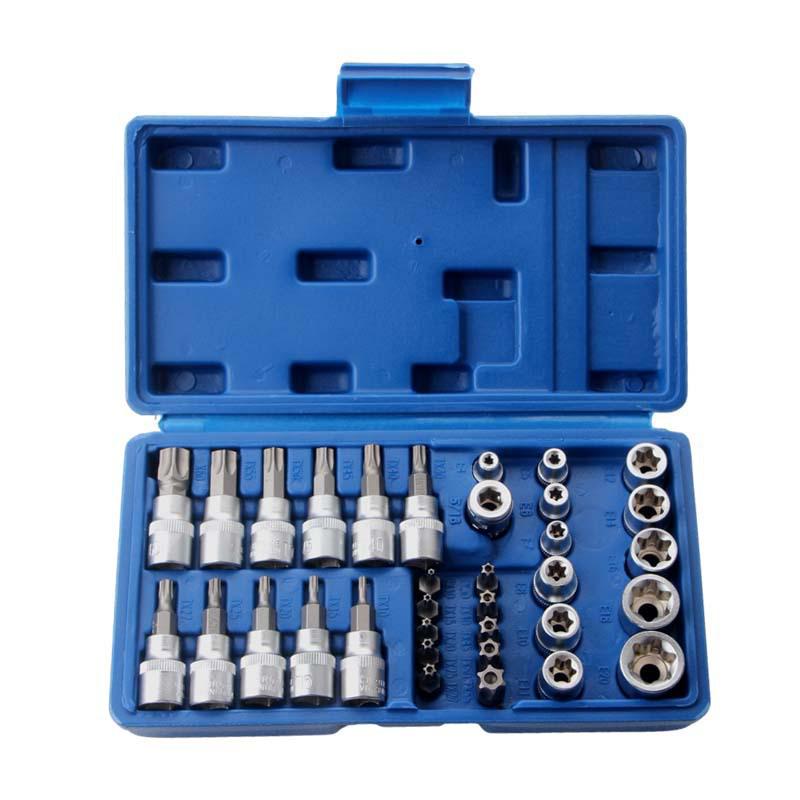 34-Piece Torx Star & Hex Bit Set with 3/8 Drive and 14pc E-Type Sockets