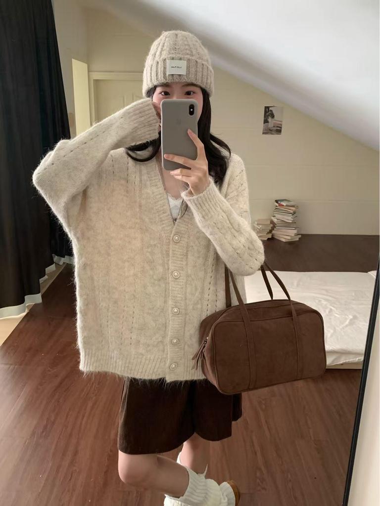 2025 Korean Loose Knit V-Neck Cardigan for Women - Autumn & Winter Casual Style Sweater Coat