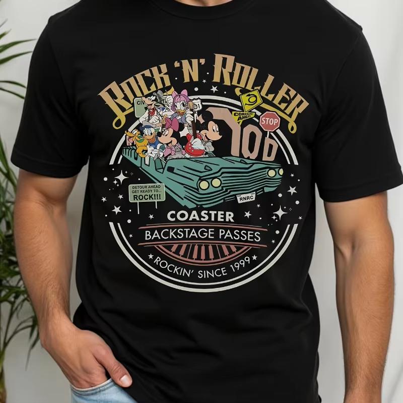 Mickey and Friends Rock Tshirt Hollywood Movie Pattern Retro Tshirt AmuseUnisext Park Family Travel Short Sleeve Top S