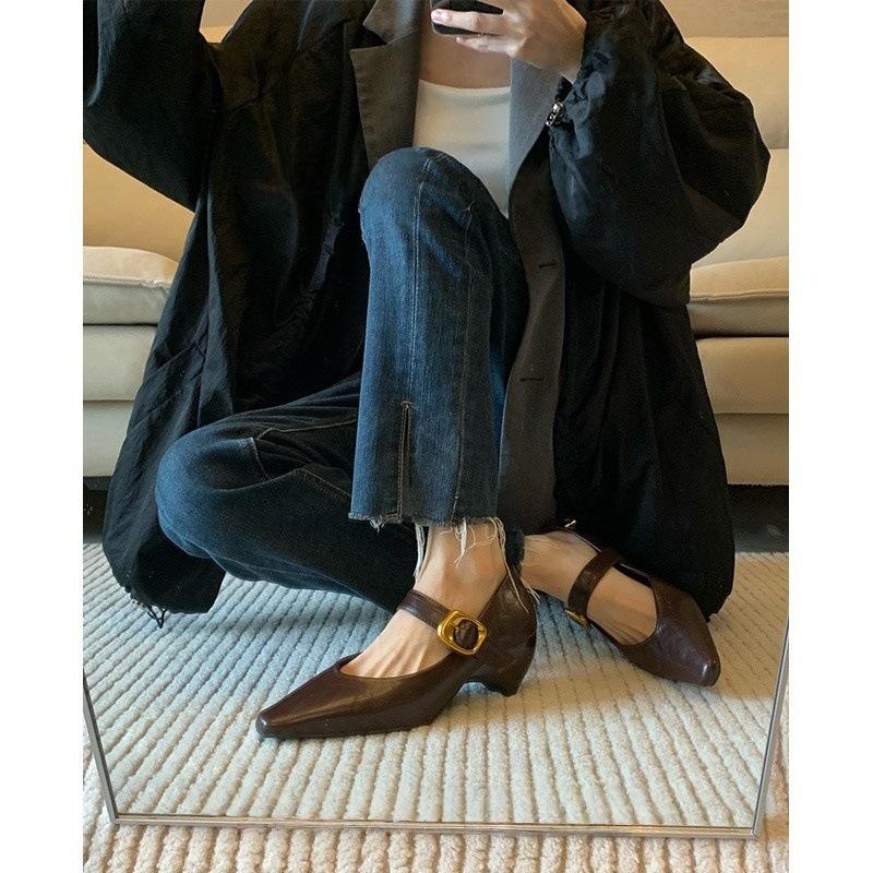 French premium Mary Jane shoes women's metal buckle belt retro temperament commuter pointed high heel single shoes
