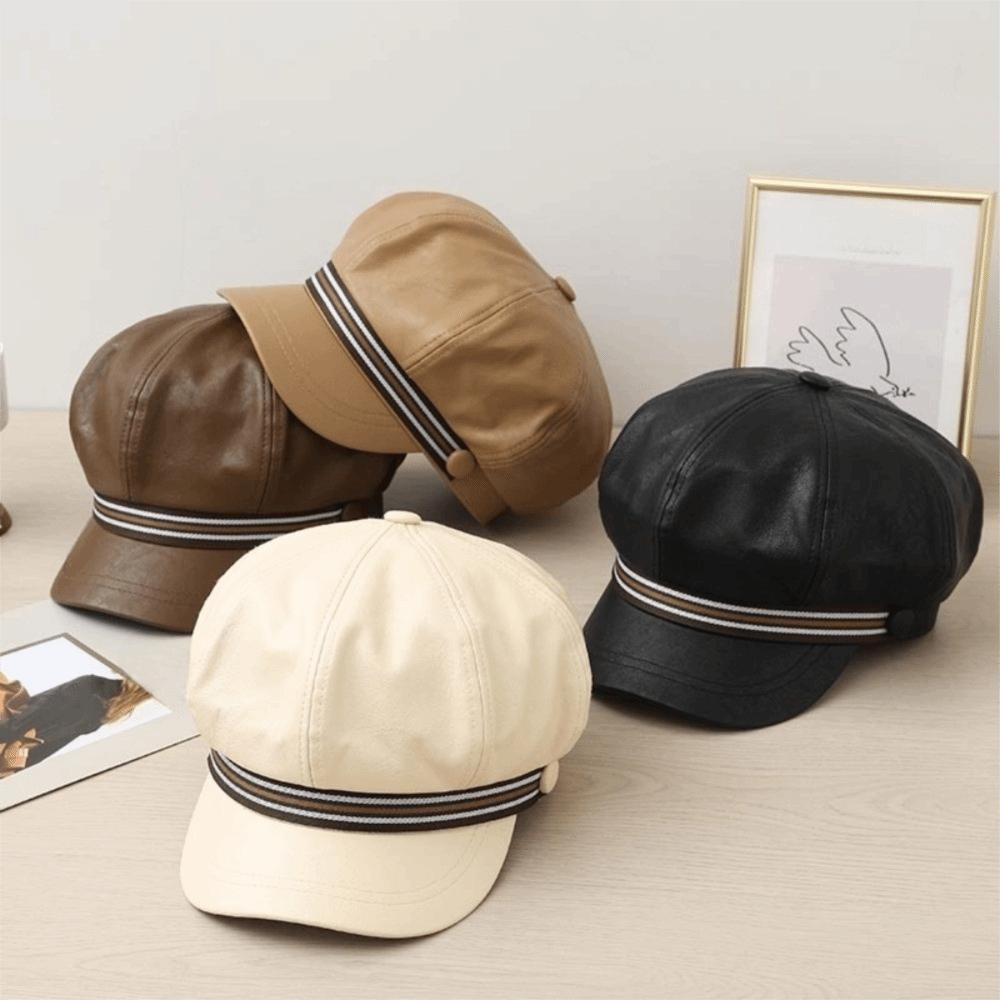 Windproof Octagonal Hat Warm Painter Hat Personality Pu Leather Beret  Girl