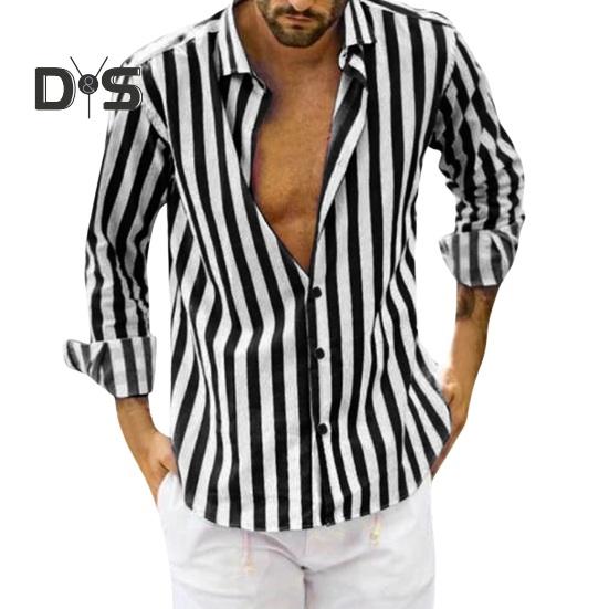 

Мужская рубашка на весну и осень с отложным воротником, однобортный контрастный цвет, полосатый принт с длинным рукавом, свободный крой, кардиган, повседневная одежда, топ M чёрный