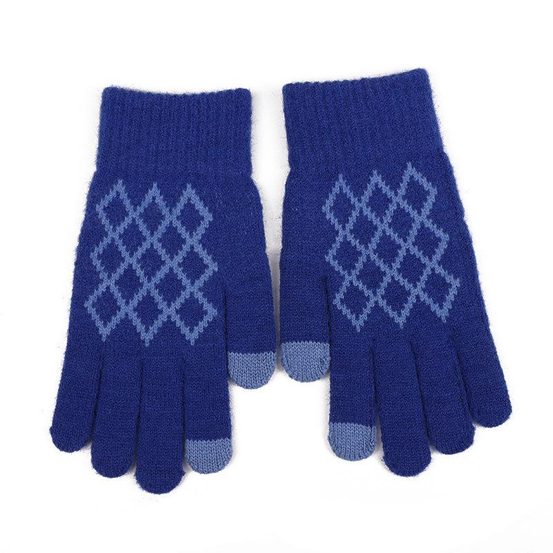 Invierno Pantalla Táctil Rombos Jacquard Cepillado Espesado Cinco Dedos Lana Guantes de Punto Lana Espesada Alpaca Guantes
