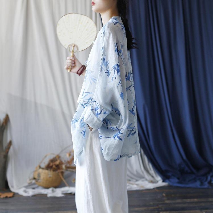 Vintage Floral Print Women Blouse Long Sleeve Loose Button Shirt Chinese Style Tops Autumn Stand Collar