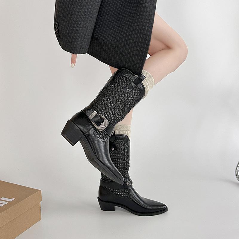 Fashion versatile woven hollow short boots retro western cowboy boots women's old brown pointed boots knight boots