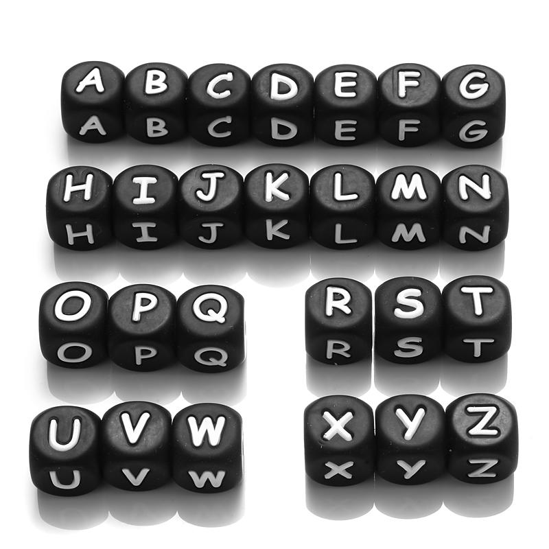 50pcs 12mm White+Gold Silicone Letters Beads Baby Name Teething Teethers English Alphabet Bead for Chew Nursing Shower Gifts