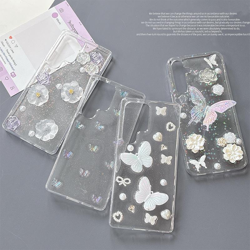 Xiaoqing Fresh Wind Glitter Mobile Phone Case Is Suitable For Samsung S25Ultra Flower S24 Butterfly A36 Bow Tie Transparent A15