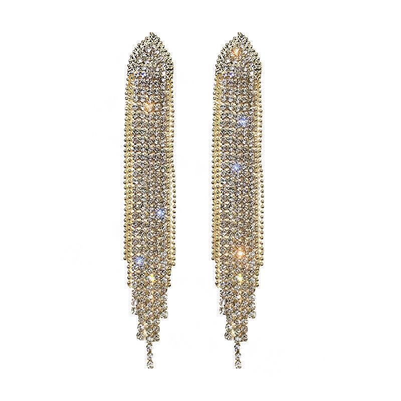 European & American Fashion Long Tassel Rhinestone Earrings with 925 Silver Needle - Trendy Exaggerated Design