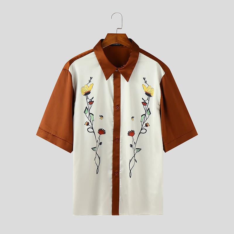 

INCERUN Летние мужские рубашки оверсайз с лацканами, короткими рукавами, принтом со швами, повседневные, свободные S оранжевый