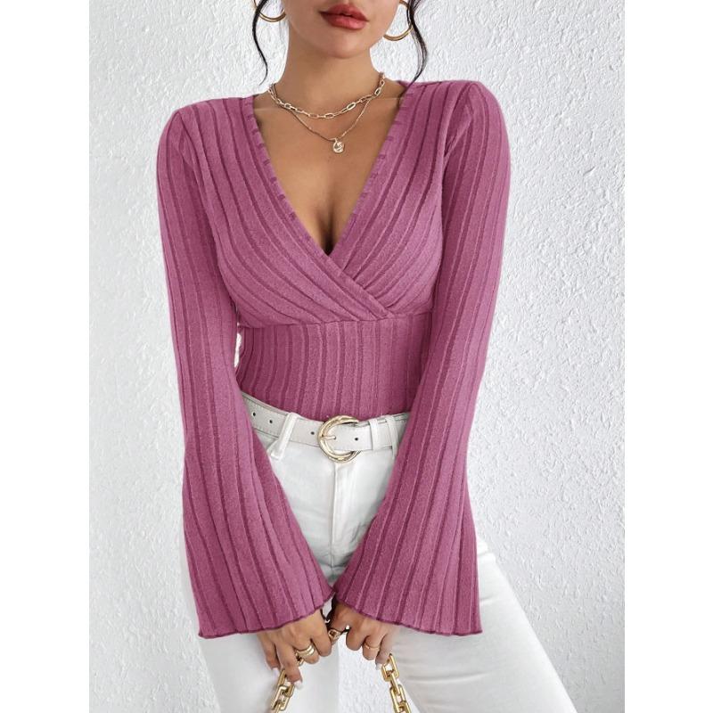 

Женские топы с длинными рукавами на осень и зиму, V-образный вырез, сексуальные облегающие женские топы в полоску, футболка с длинными рукавами, трикотажная нижняя рубашка L