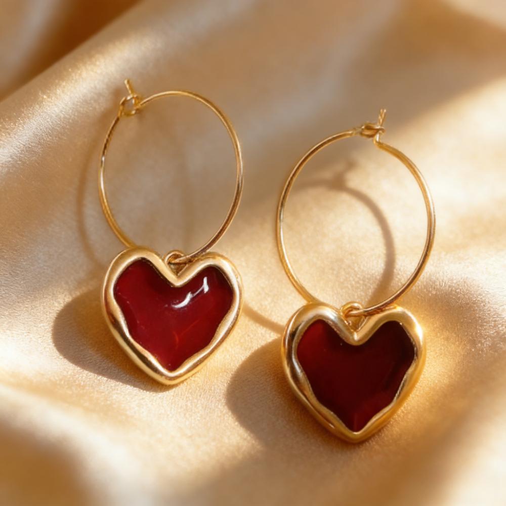 Simple Elegant Trendy Deep Wine Red Heart-shaped Earrings Women Elegant Retro Stylish Ear Jewelry Party Carnival Holiday Gift