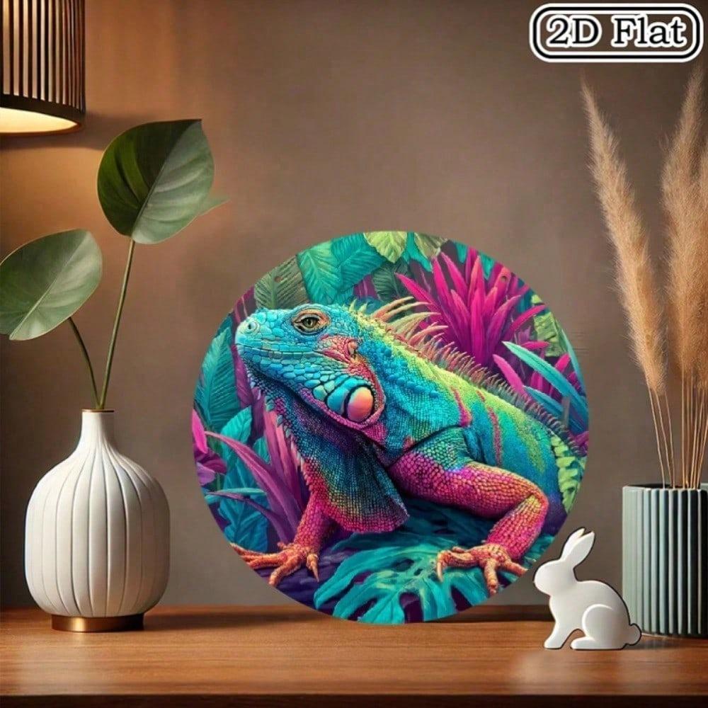 Vibrant Iguana Metal Wall Art Retro Tropical Jungle Reptile Decor Sign 8x8 Inch Aluminum Hanging Plaque For Living Room Outdoor