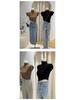Women's Black Slim Fit Modal Cotton Semi-High Neck Short Sleeve Top