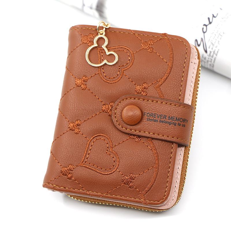 Pu Material Ladies Short Zipper Wallet With Heart Embellishments For Daily Use