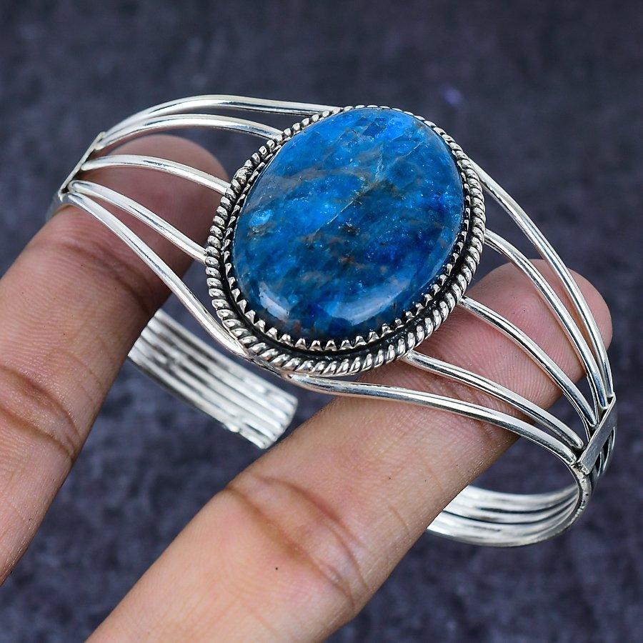 Natural Blue Apatite Gemstone 925 Sterling Silver Cuff Bangle Adjustable ETC-13916