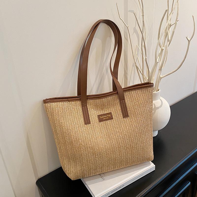 Large capacity bag 2025 new trendy high-end shoulder bag women's bag fashionable work commuter bag straw tote bag