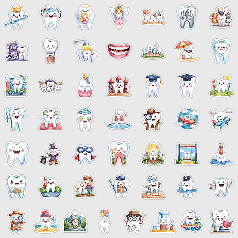 50 Sheets Protect Teeth Cartoon Stickers For Kids Students Graffiti Laptop Stationery Luggage Cute Sticker Dental Clinic Gifts