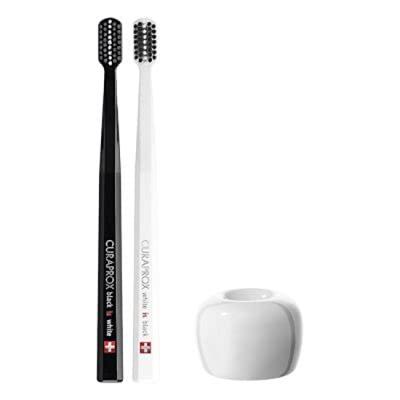 CURAPROX Toothbrush Black Is White White X 2 Black Toothbrush Stand Set (BIW) + (White)