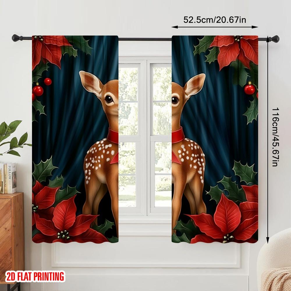 2pcs,2D Plane Printing Window Curtain Cute Fawns Christmas Poinsettias (2) Versatile 100% Polyester (without Rod) Home Decor for