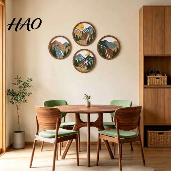 Rustic Wall Art 4Pcs Wooden Boho Mountain Art, 2D Flat Abstract Landscape Decor, Geometric Forest Hanging Office Decoration Sign, Natural Artwork, Sun