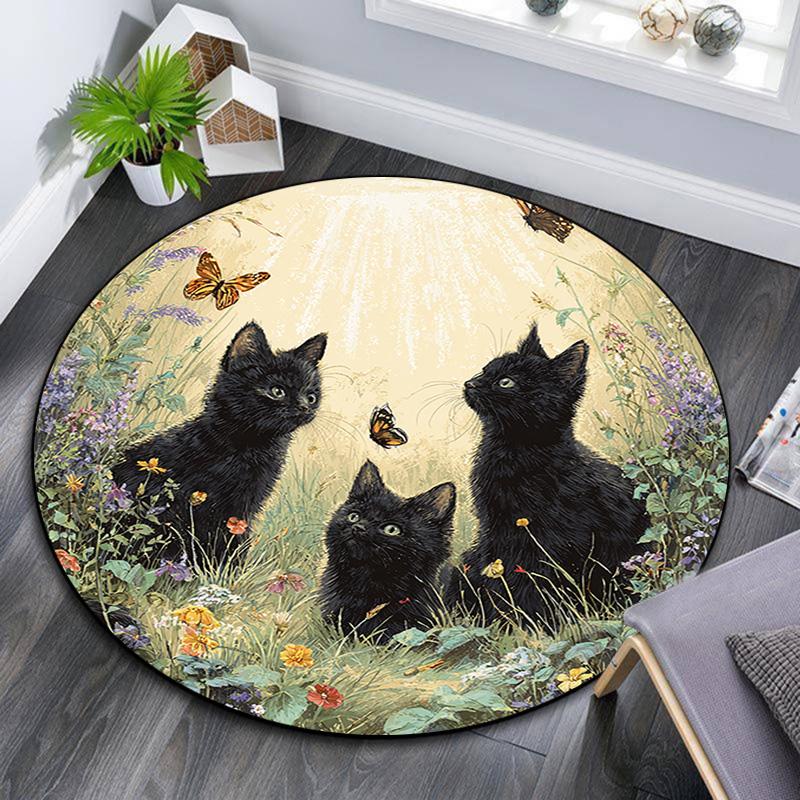 Black Cat Round Area Rug,Carpet Rug for Living Room Bedroom Sofa Playroom Decor,Non-slip Floor Mat
