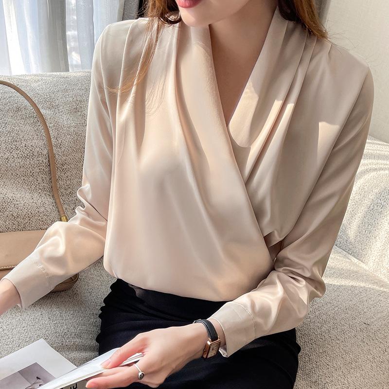 Women Versatile Loose Long Sleeve V Neck Professional Office Blouse