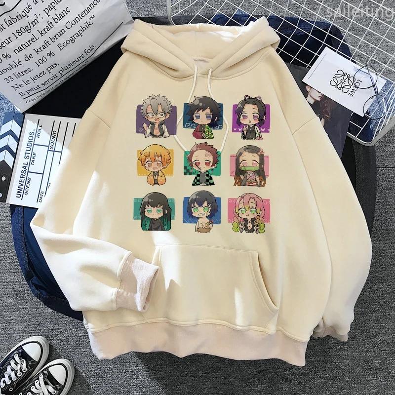 Japan Anime Demon Slayer Hoodies Japanese Casual Kangaroo Pocket Hoodie Harajuku Cartoon Manga Khaki Pullovers Aesthetic Clothes