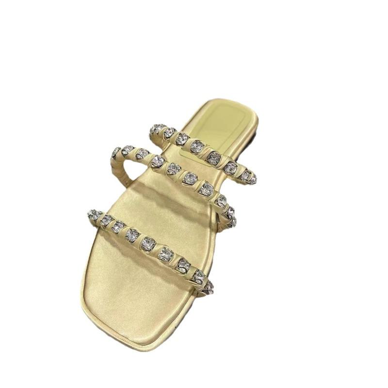 Small C Home K Summer New Women's Shoes Inlaid with Diamonds Square Head Cool Slippers Flat Slippers Women