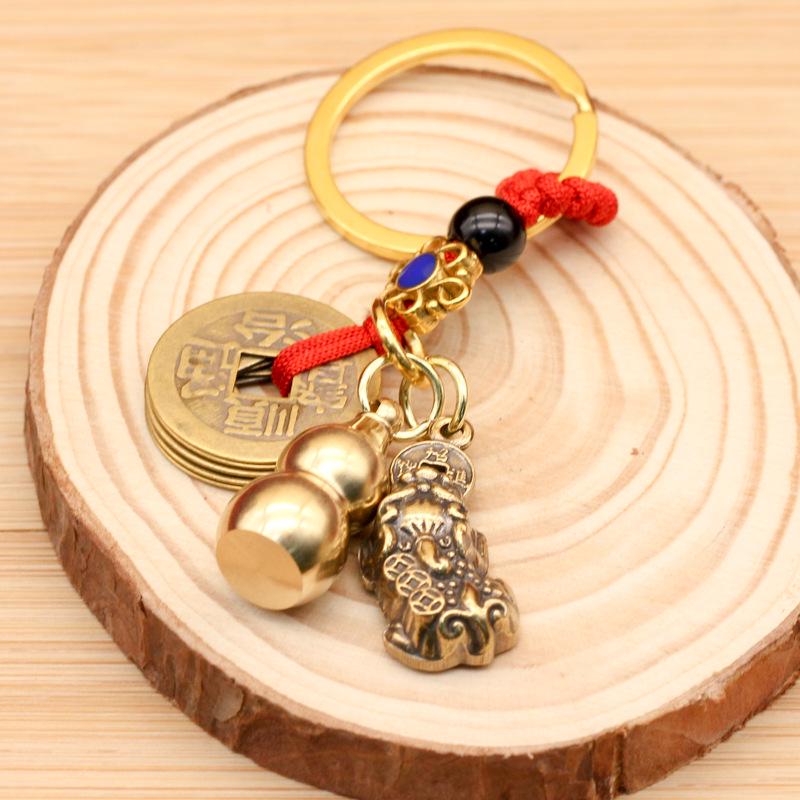 Brass Five Emperors Coin & Pixiu Keychain with Abacus, Gourd & Dragon Talisman for Wealth Attraction
