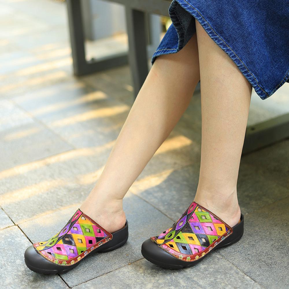 Vintage květinové červené sandály na klínu Ručně vyráběná pravá kůže měkká podrážka Pohodlné dámské boty