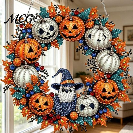 Hanging Ornament Fall Pumpkin Sunflower Wreath Decor, Acrylic Hand Painted Seasonal Home Decor Window Ornament, Thanksgiving Halloween Harvest