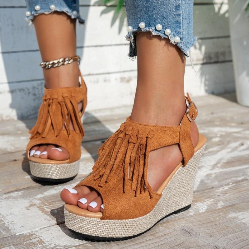 Fashion Women Wedges Size 36-43 Summer 2025 Flock Sandal Tassel Decorate Ankle Strap Men Casual Dress Platform Shoes