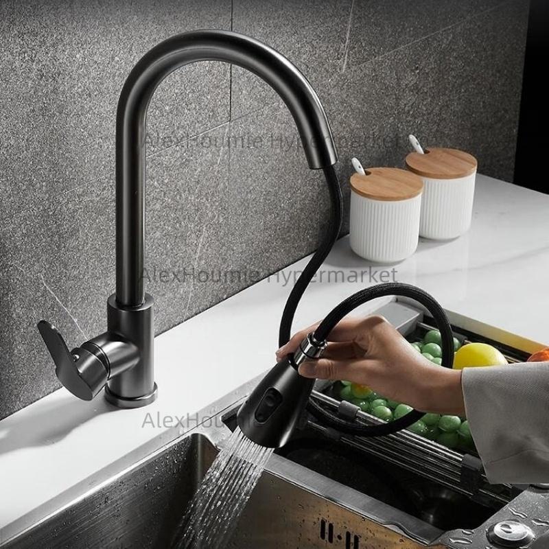 Kitchen Pull Out Faucet with Retractable Sprayer for Cold and Hot Water Mixer Single Handle Single Hole Deck Mounted Water Tap