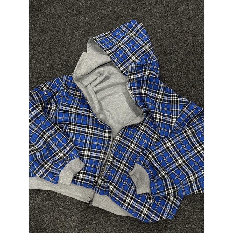 Winter Casual Plaid Hoodie Women's Warm Zip Up Double Sided Sweatshirt Fashion Trendy Loose Hooded