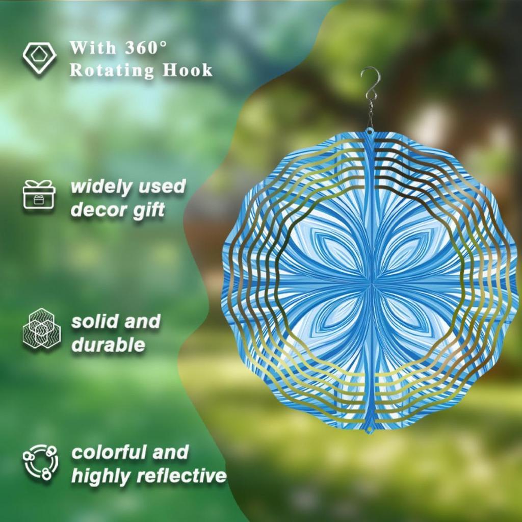Blue and White Metal Wind Spinner 10 Inch for Garden Decor Outdoor Courtyard Lawn Porch with Rotating Hook for Halloween Christmas Thanksgiving