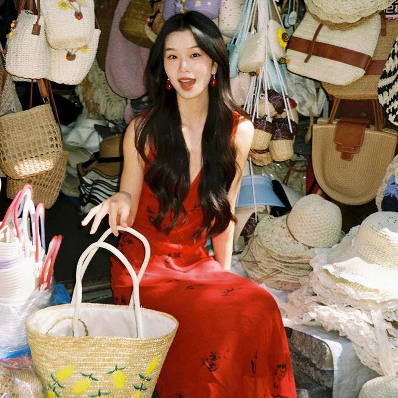 

# Sisjuly# French Style Retro Elegant Deep V Small Floral Vest Dress Women s Waist Slimming Figure Dress Red S