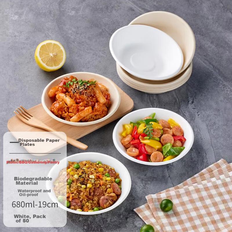 Jinghuisichuang Disposable Paper Bowls, 680ml, 50 Pieces, Biodegradable, Thickened, Made from Sugarcane Pulp, for Outdoor Barbecue And Picnic Use