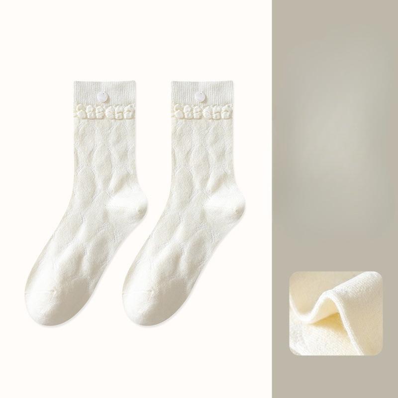 

Тонкие кашемировые гольфы до середины икры для женщин, трехмерный бант с темным цветком, теплые осенне-зимние для девочек, носки из махры без косточек цвета перламутра 1 pair молочный белый