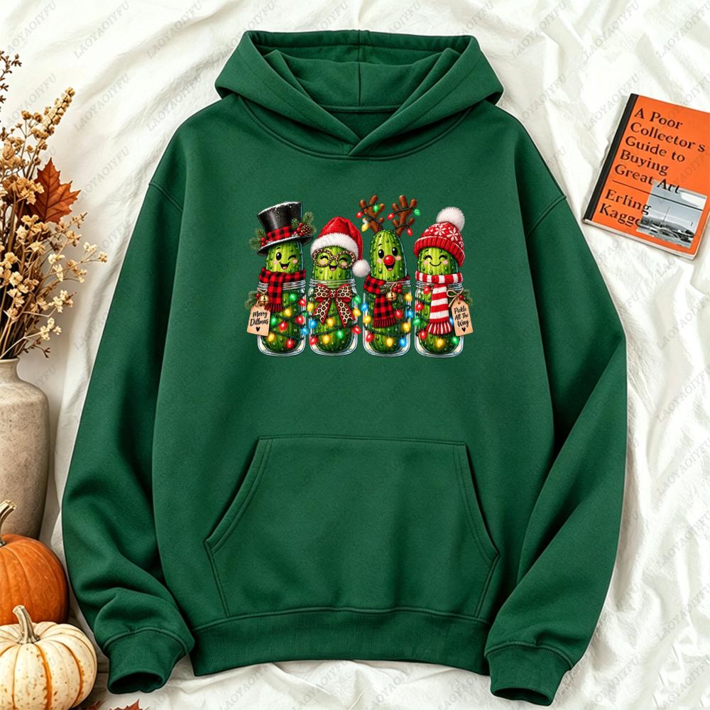 Christmas Pickle Family Funny Pickle Jar Xmas Graphic Hoodie Women Casual Long Sleeve Pullover Humorous Winter Clothes Women