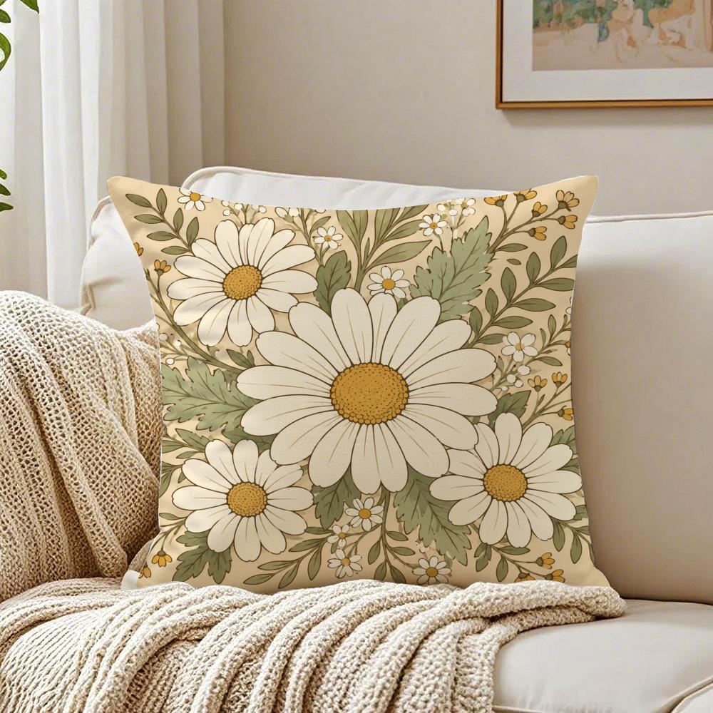 Boho Neutral Daisy Vine Pillow Case Organic Short Plush Cushion Covers Breathable Washable WrinkleResistant
