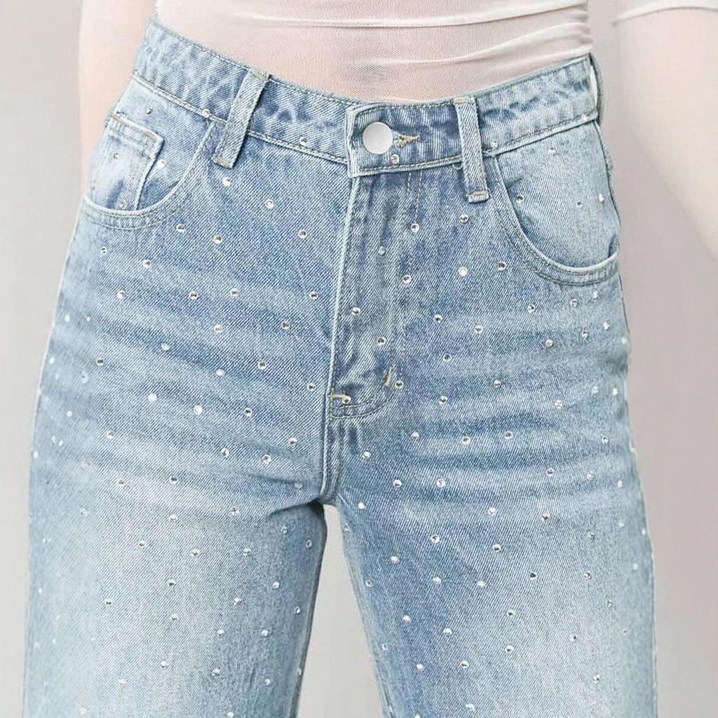 SHEIN Übergröße Strass High-Waist Weitbein Denimhose